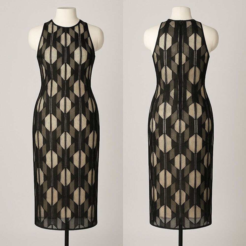 Boss Runway Edition Black Sheer Geometric Midi Dress Size 38 / US 6
